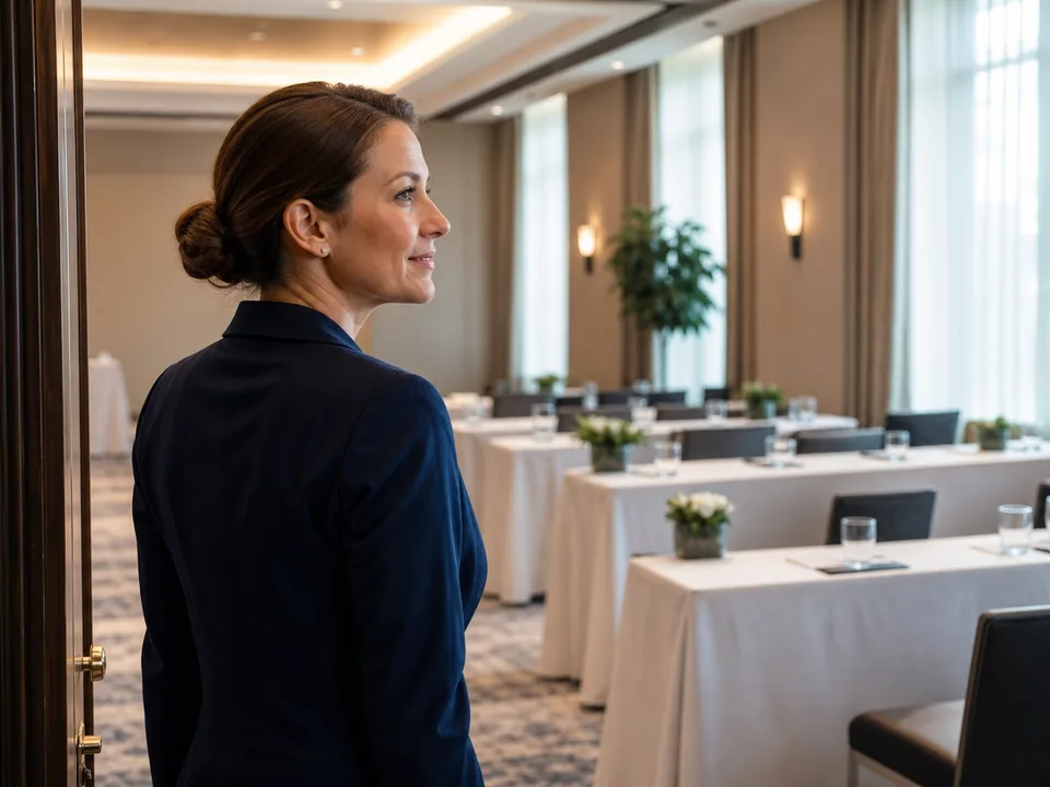 Menedżerka sprzedaży hotelu w sali konferencyjnej przygotowanej na spotkanie firmowe