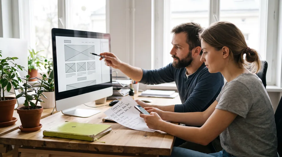 Zespół wydawcy omawia listę firm i ofertę reklamową przed kampanią
